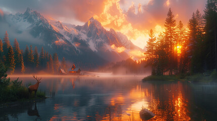 Misty Mountain Lake with Warm Sunrise
