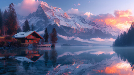 Snowy Mountains with Fiery Sunset Reflections