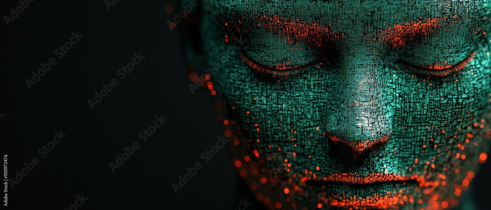 Poster a digital representation of a face illuminated with vibrant colors, showcasing intricate patterns re