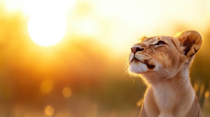 Lioness sits in a contemplative pose against a glowing golden sunset, her gaze focused upward as the warm light envelops the African savannah around her.