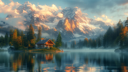 Mountain Cabin by a Lake at Sunrise