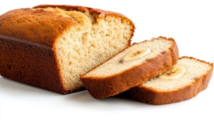 A banana bread loaf is partially sliced with visible banana pieces, capturing the essence of homemade baking with natural ingredients and a warm, inviting texture.