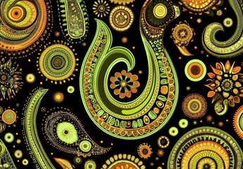 Obraz premium Paisley Pattern in Green and Beige with Elongated Forms