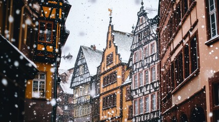 Fototapeta premium Winter town scene with snow-dusted buildings