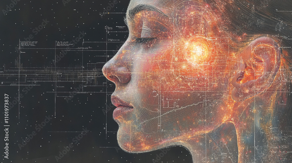 Poster woman's profile with cosmic elements and digital patterns illustrating the connection between humani