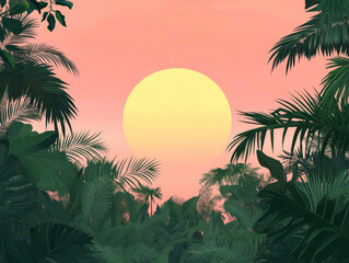 Naklejka premium Lush green and sunset pink tropical sunset, ideal for a calming and picturesque tropical retreat