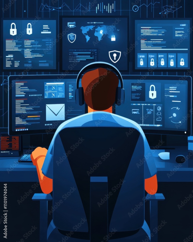 Poster a man is sitting in front of a computer monitor with a keyboard and a mouse