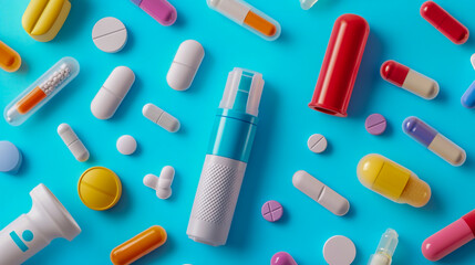 Various Types of Asthma Medications Displayed on a Light Blue Background, Close-Up View with Inhalers, Nebulizers, and Pills