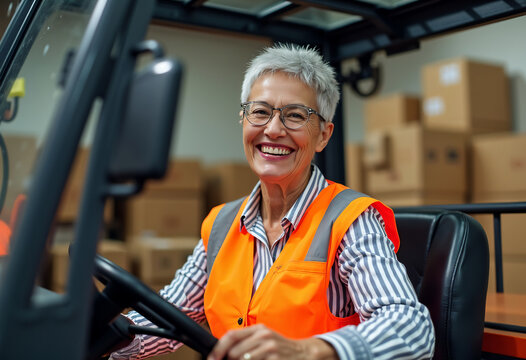 A smiling woman operates a forklift in a warehouse.
