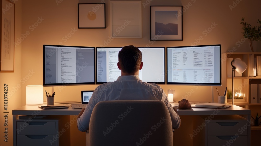 Poster a man is sitting at a desk with three computer monitors