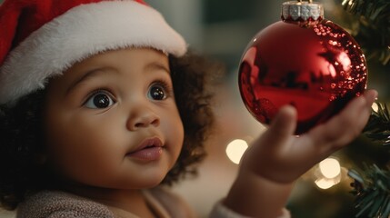 Naklejka premium Joyful Baby Admiring Christmas Ornament