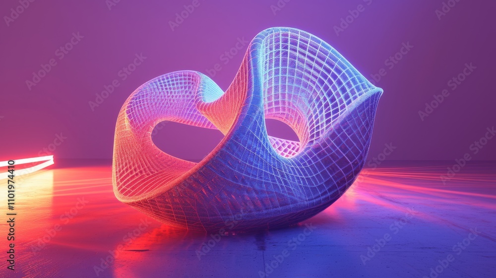 Poster a captivating abstract 3d shape with intricate geometry, illuminated by vibrant neon lighting. the f