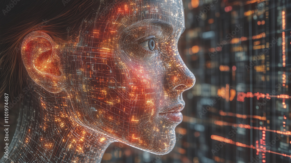 Poster woman with illuminated digital patterns on her face gazes thoughtfully beside a futuristic backdrop 