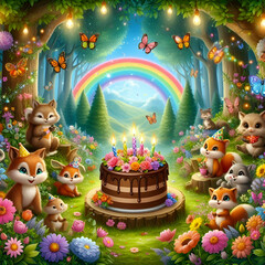 Happy birthday magic background with cake and balloons