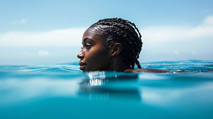 A dynamic photo of a Black woman, viewed from the rear, floating on her surfboard in the Sao Tome ocean, capturing the essence of bravery and the thrill of water sports