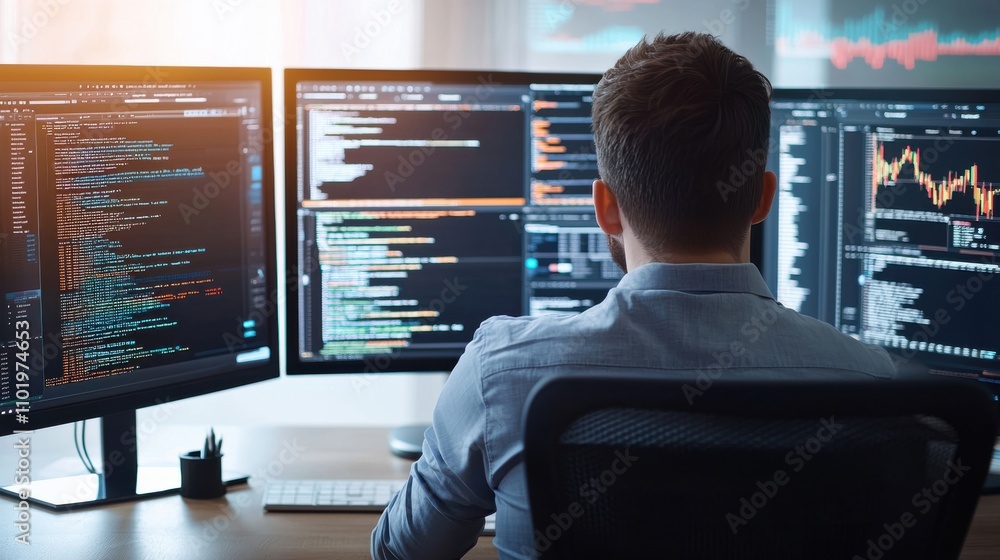 Aufkleber a man is sitting at a desk with three computer monitors in front of him