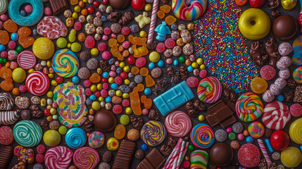 Fototapeta premium Vibrant array of festive sweets and candies, panoramic overhead view of assorted confectionery treats, featuring colorful chocolates, gummies, lollipops, and sprinkles.