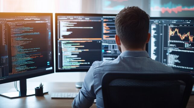 A man is sitting at a desk with three computer monitors in front of him