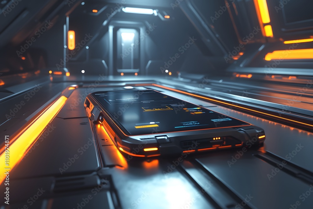 Poster a futuristic smartphone resting on a sleek, illuminated surface in a high-tech environment.