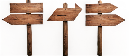 Wooden signs pointing in different directions on transparent background with rustic design and weathered look.