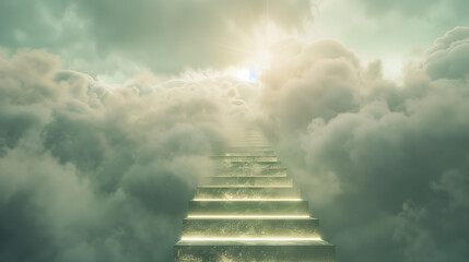 surreale schwebende Treppe, die in die Wolken hinaufführt, jede Stufe leuchtet, fotorealistische Texturen mit sanften Licht- und Nebeleffekten