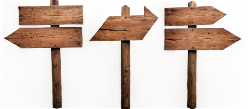 Wooden signs pointing in different directions on transparent background with rustic design and weathered look.
