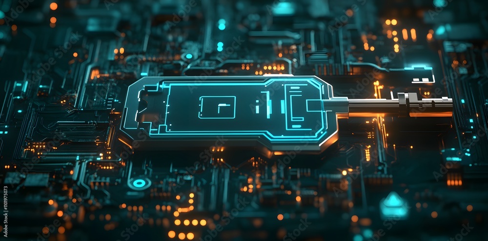 Poster a futuristic circuit board design featuring glowing elements and a central processing unit.