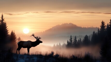 A solitary elk is silhouetted on the horizon at sunrise, with mist rising through the forest, creating an ethereal atmosphere of beauty and tranquility.