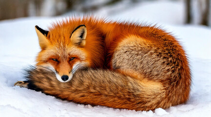 Fototapeta premium A fox curled up in a snowy forest clearing, with its orange fur creating a striking contrast against the white snow