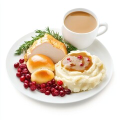 Fototapeta premium Delicious Thanksgiving meal featuring turkey, mashed potatoes, cranberry sauce, rolls, and a cup of coffee.