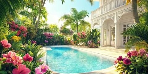 beautiful scene of tropical garden with swimming pool in back of white and cream elegant wooden villa with different flowers 