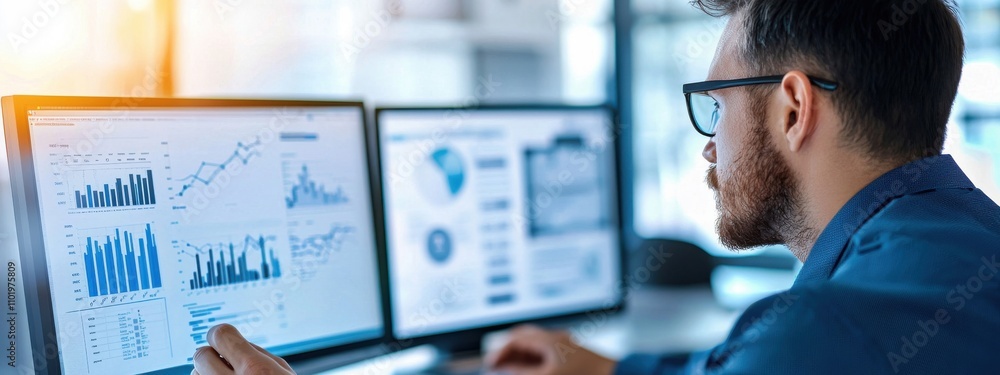 Poster a man is looking at two computer monitors with graphs on them