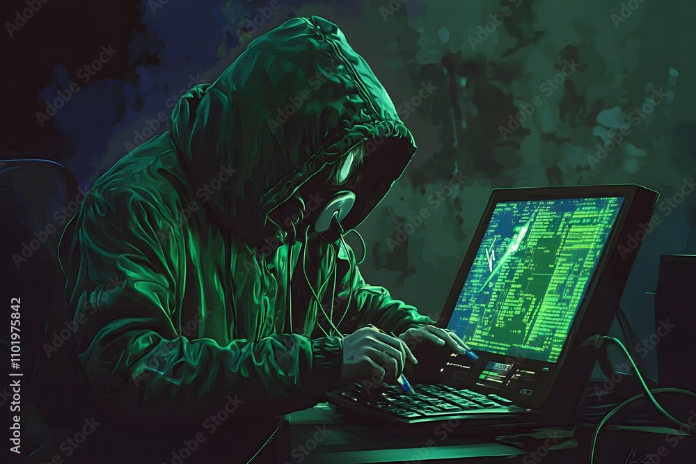 Poster a hooded figure working on a computer, surrounded by a dark, tech-inspired environment.