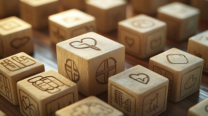 Each healthcare icon etched on the blocks represents trust and reliability in modern insurance services.