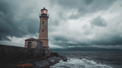 Obraz premium Tall Historic Lighthouse Standing Against Stormy Sky and Ocean Waves