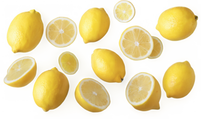 Dynamic lemon cascade on dark backdrop, varied shapes and sizes with slices revealing juicy yellow flesh, creating fresh energy.