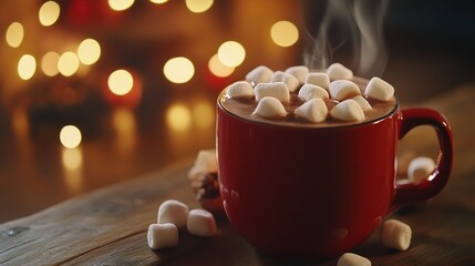 Steaming mug of hot cocoa topped with marshmallows, bokeh lights background.
