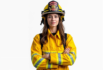 Fototapeta premium A female firefighter confidently stands arms crossed wearing yellow gear.