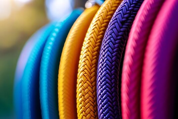 An up-close view of vibrant, entwined ropes that create an abstract pattern in shades of orange, blue, yellow, and pink.