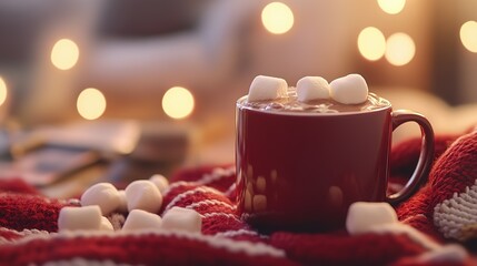 Cozy Hot Chocolate with Marshmallows on a Red Knit Blanket