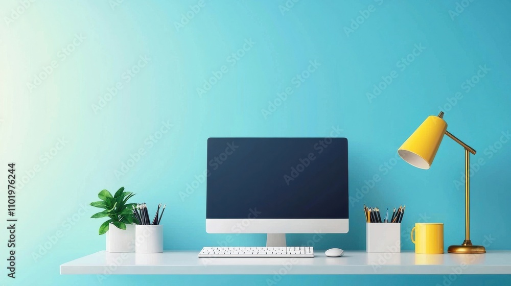 Poster a computer monitor sits on a desk with a yellow lamp