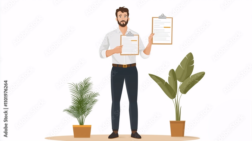 Poster man holding documents in a modern office setting with indoor plants and clipboards for assurance and