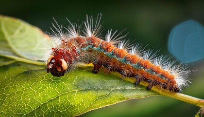 Fototapeta premium Close-up of a curious caterpillar munching on a leaf