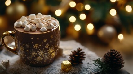 Festive Hot Chocolate with Marshmallows, nestled amidst a winter wonderland setting.