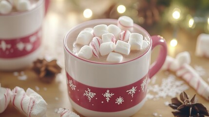 Festive Hot Chocolate with Marshmallows and Peppermint Candies