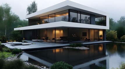 Fototapeta premium 3D rendering of a minimalist modern house with open floor plan, clean lines, and contemporary materials