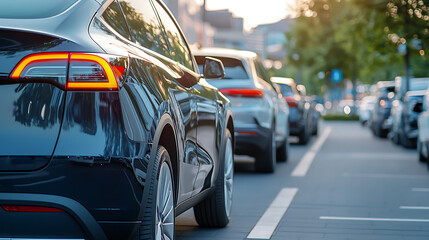 Electric vehicle fleet at airport enhancing green transportation urban setting photography daylight sustainability