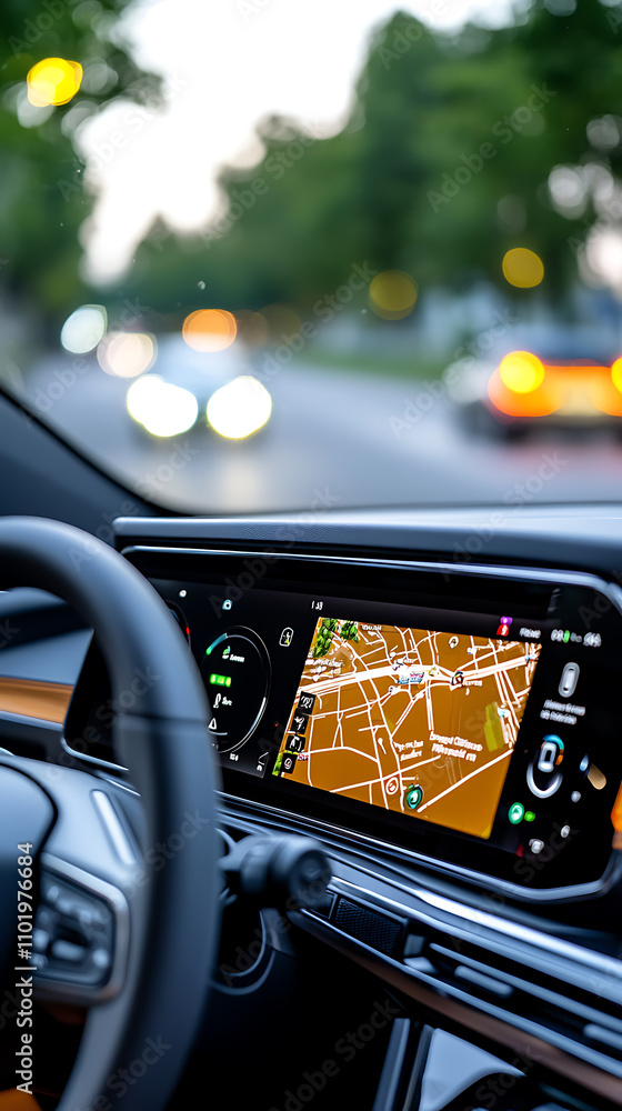 Aufkleber ev dashboard displaying navigation system with charging options inside a modern electric vehicle tec