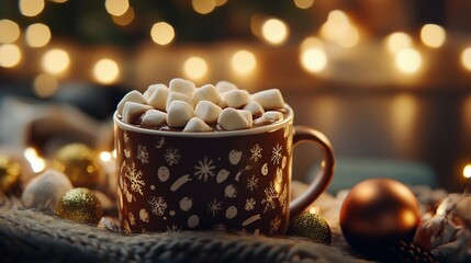 Festive Hot Cocoa with Marshmallows and Christmas Ornaments