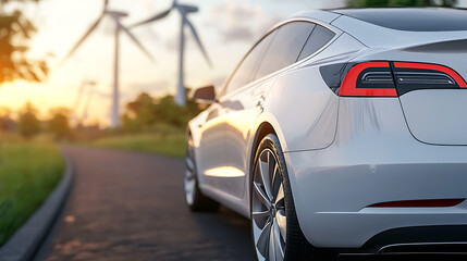 Electric vehicle in front of wind farm symbolizing sustainable transportation rural landscape photography eco-friendly environment side view